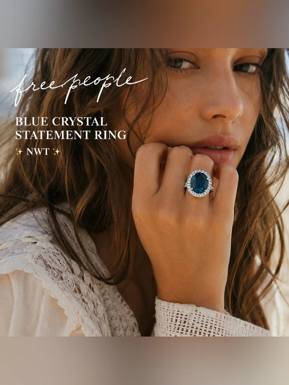 Free People Statement Cocktail Ring | Blue Crystal Halo Ring~ Silver ~ Size 7